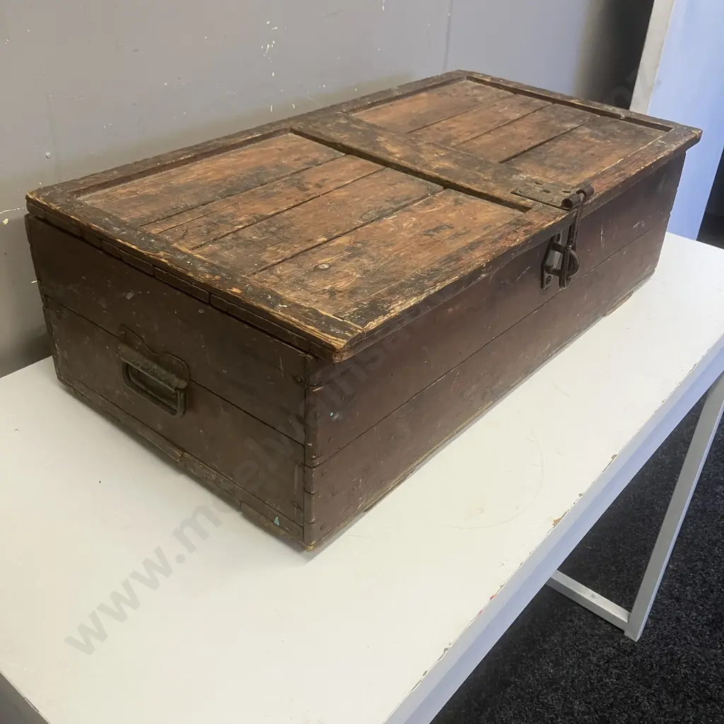 Antique Wooden Chest With Double Steel Handles. H20 W65 D34cm Image 1++