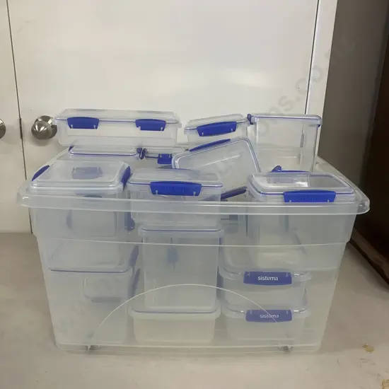 Assorted Sistema Plasticware With Lids In Clear Bin