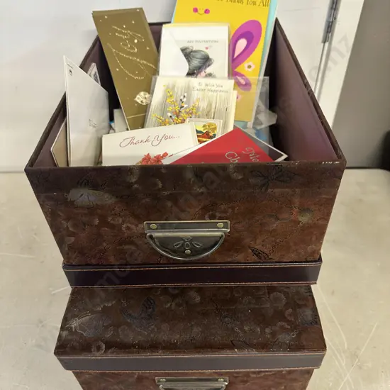 Lidded Storage Boxes x2 With Assorted Greeting Cards
