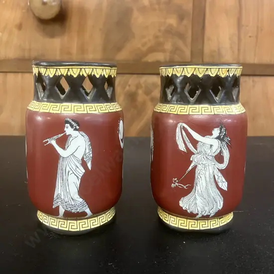 Pair of Antique English Neo-Grec Ye Olde Foley Pottery Vases, Marked To Base. H12cm