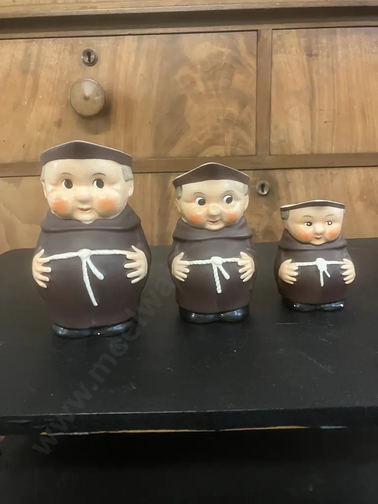 Vintage Goebel West German Set of Three Graduated Friar Tuck Pitchers, Numerically Numbered To Base Image 1++