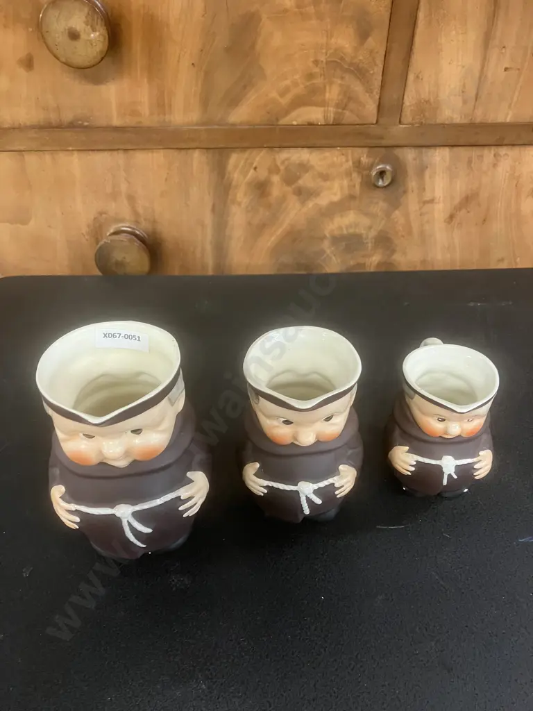 Vintage Goebel West German Set of Three Graduated Friar Tuck Pitchers, Numerically Numbered To Base Image 1++