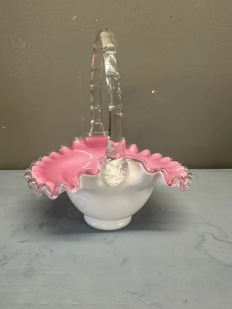 Vintage Fenton Glass Silver Crest Basket White & Pink Ruffled With Clear Handle Image 1++