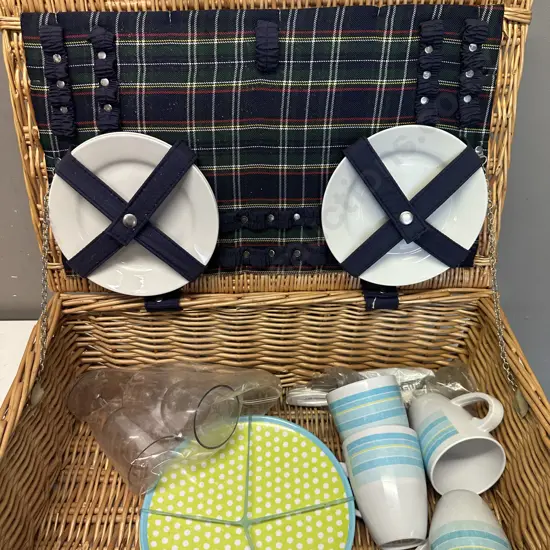 Cane Picnic Hamper With Cutlery, Plates Etc