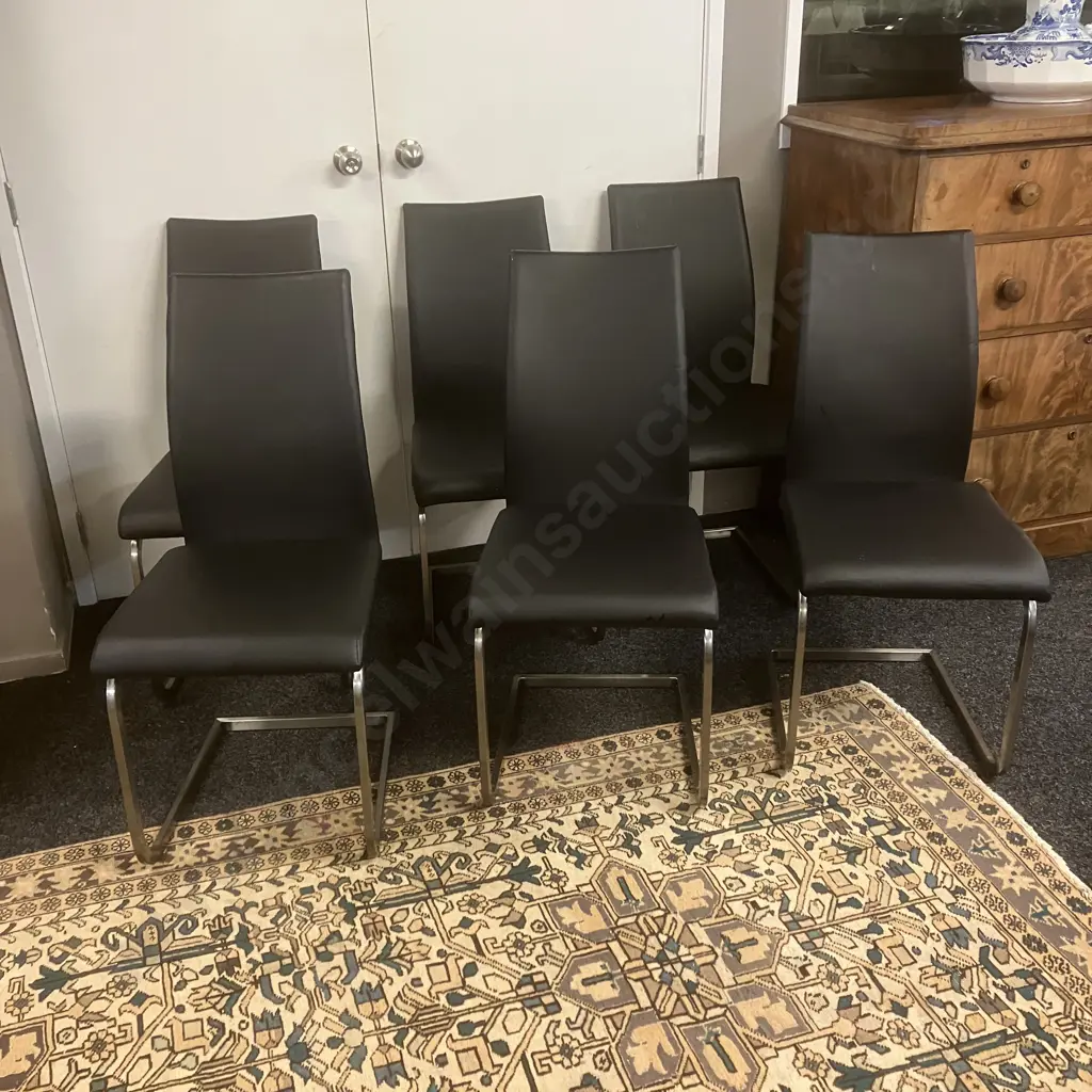Black Glass Topped Rectangular Dining Table With 6 Black Leather Effect High Back Cantilever Chairs. H76 W180 D100cm Image 1++
