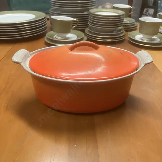 Vintage 'Le Creuset / Cousances' Style Enamelled Cast Iron Lidded Oval Dutch Oven, Flame Orange Color (No Maker)