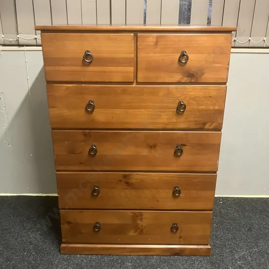 6 Drawer Wooden Tallboy With Black Metal Ring Handles. H115 W80 D40cm