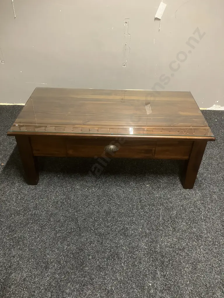 Wooden Coffee Table With Single Drawer & Glass Top. H40.5 W105 D55cm Image 1++