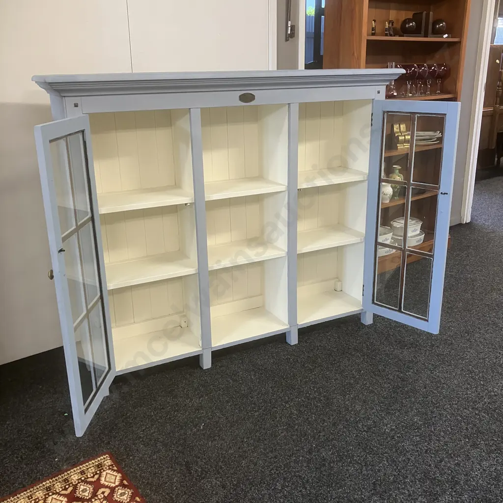'The Villager Collection' Double Glass Door Display Cabinet Painted Blue & Cream. H125 W151.5 D36cm Image 1++