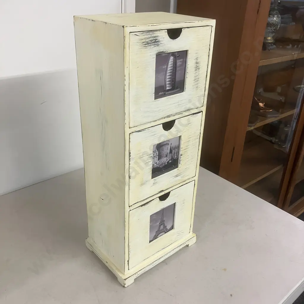 Three Drawer Photo Storage Cabinet, Shabby Chic Pale Yellow. H54.5 W21.5 D15.5cm Image 1++