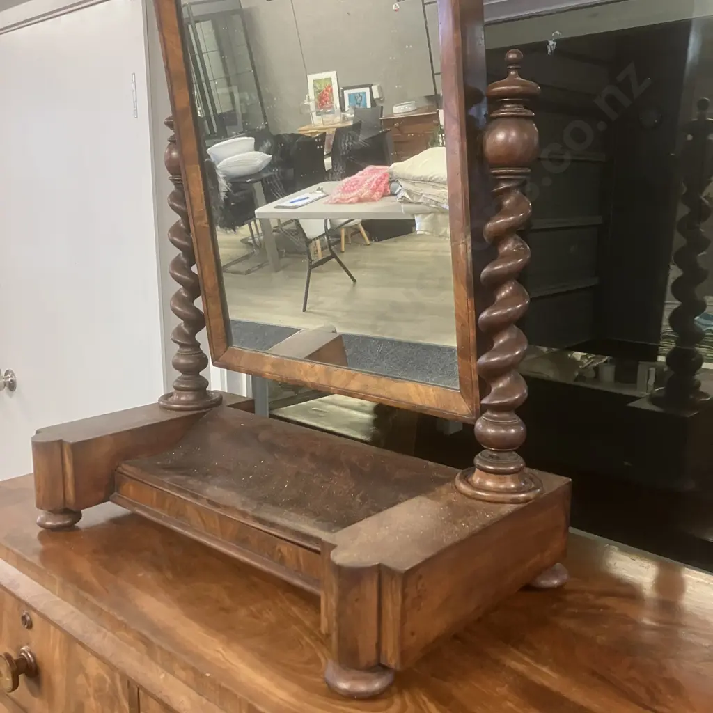 Victorian Antique Barley Twist Mahogany Dressing Mirror, Hinged Compartment, Swing Mirror. H87 W68 D36cm Image 1++