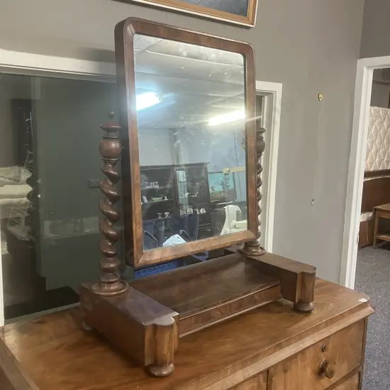 Victorian Antique Barley Twist Mahogany Dressing Mirror, Hinged Compartment, Swing Mirror. H87 W68 D36cm