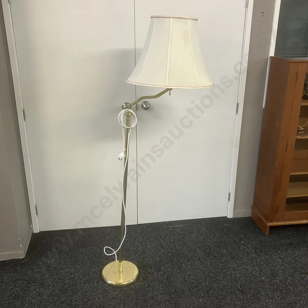 Brass Finish Swing Arm Floor Lamp, Double Adjustments. White Shade With Rose Pink Beading. H167cm Image 1++