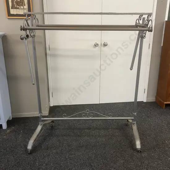 Vintage Wrought Iron Garment Rack With Scroll Ends & Wheels. Extensions For Ends. H147 W120 D60cm