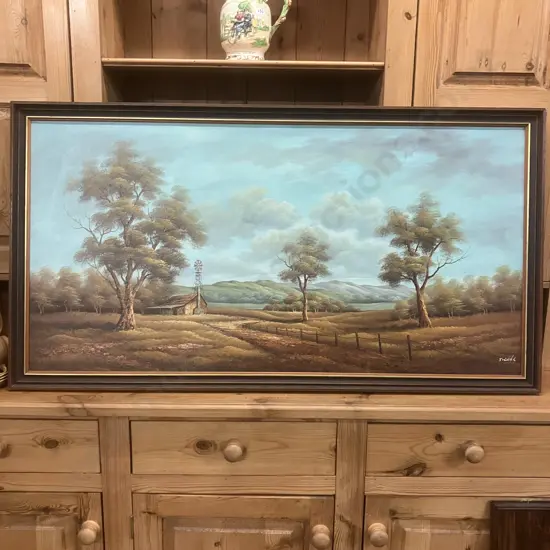 Oil Painting Outback Scene With Gum Trees & Windmill Signed Fields. 128 x 68.5cm