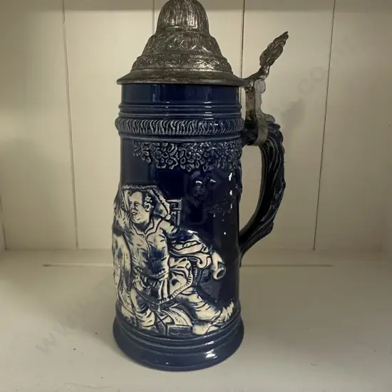 Vintage West German Blue Beer Stein With Silver Coloured Lid H23cm.