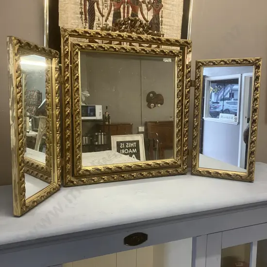 Antique Ornate Plaster On Wood Triptych Vanity Mirror. 55 x 92cm (As Found)