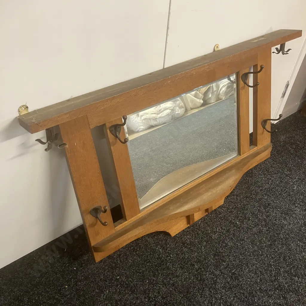 Arts & Craft Oak Coat Rack With Steel Hooks & Revolving Cap Hooks. H60 W102 D13cm Image 1++