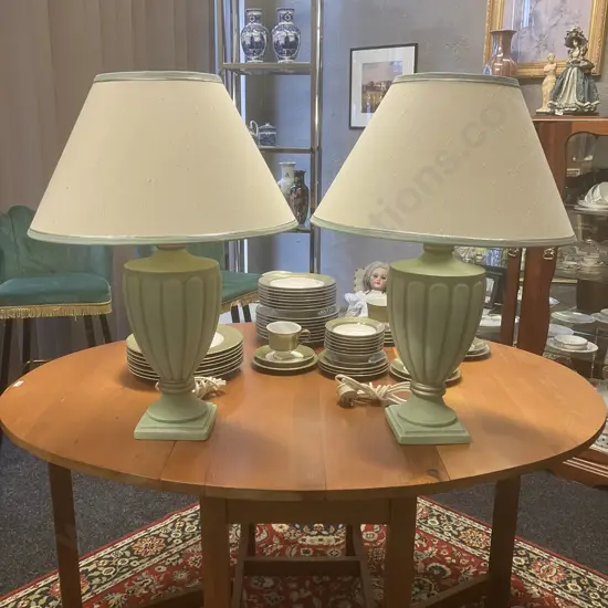 Pair of Spearmint Ceramic Table Lamps, White Shades With Silver Beading. 65 x 47cm