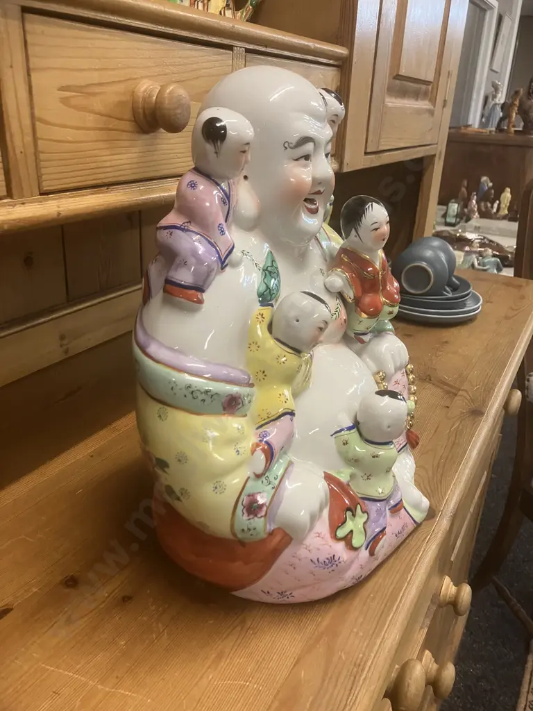 Vintage Chinese Porcelain Laughing Buddha Figurine with 5 Children. 33 x 27cm Image 1++