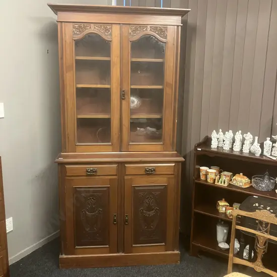 Antique Bookcase Carved With Double Glazed Doors, 3 Piece. H218 W107 D48cm
