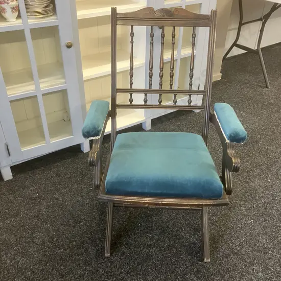 Antique Folding Saloon Chair With Teak Upholstery