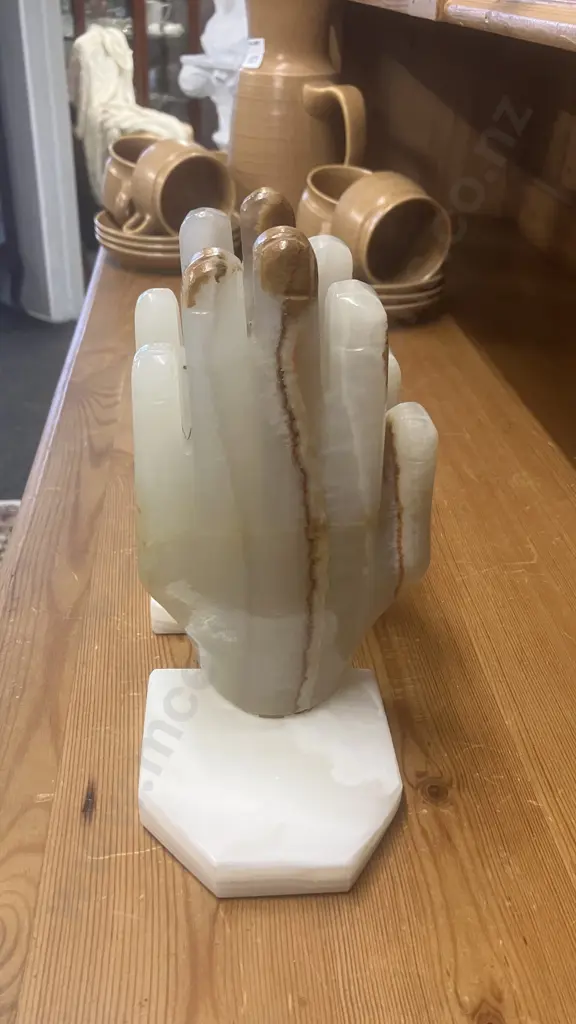 Vintage Hand Shaped White Carved Onyx Marble Stone Bookends. H19 W9 D9cm Each Image 1++