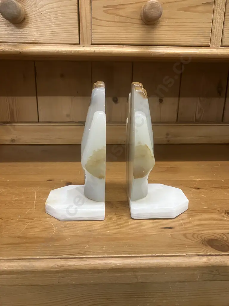 Vintage Hand Shaped White Carved Onyx Marble Stone Bookends. H19 W9 D9cm Each Image 1++