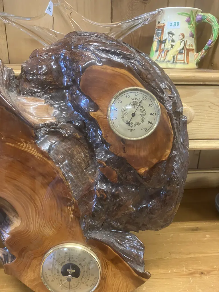 Live Edge Pendulum Wall Clock With Fisher Barometer 44 x 48cm Image 1++