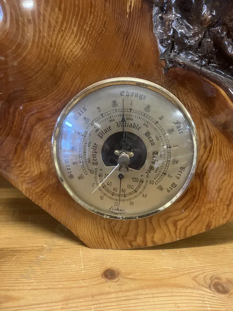 Live Edge Pendulum Wall Clock With Fisher Barometer 44 x 48cm Image 1++