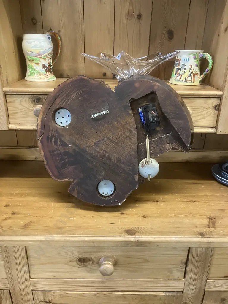 Live Edge Pendulum Wall Clock With Fisher Barometer 44 x 48cm Image 1++