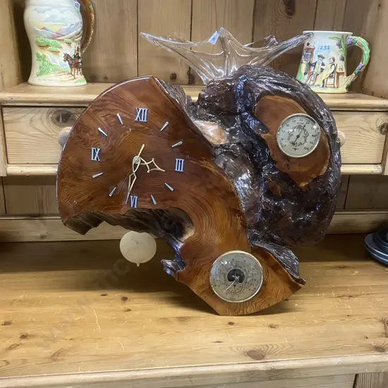 Live Edge Pendulum Wall Clock With Fisher Barometer 44 x 48cm