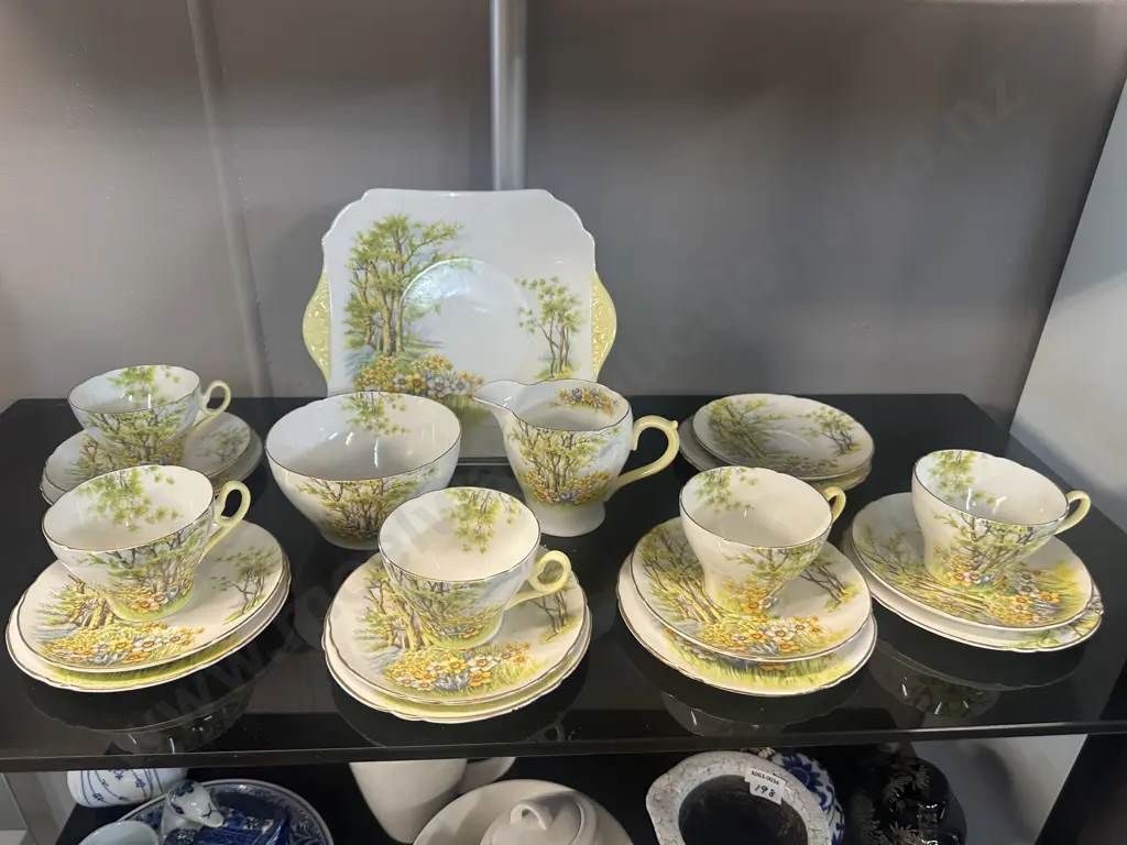 Shelley English Bone China In The Daffodil Time Pattern, 5 x Trios, Creamer, Sugar Bowl & Cake Plate.  #13307 Image 1++