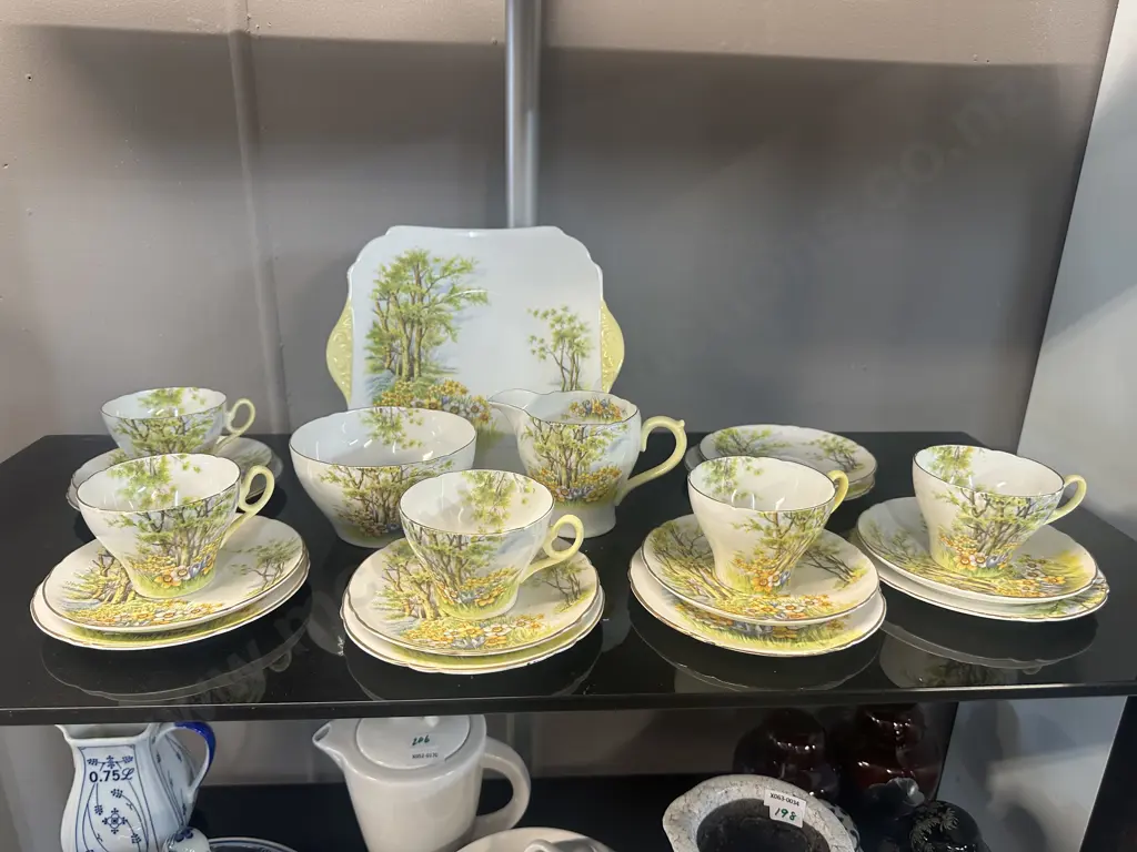 Shelley English Bone China In The Daffodil Time Pattern, 5 x Trios, Creamer, Sugar Bowl & Cake Plate.  #13307 Image 1++