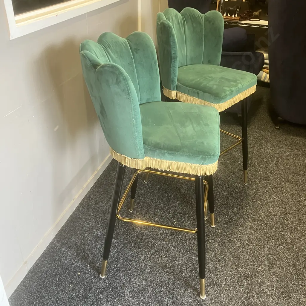 Pair of Green Velvet Swivel Base Bar Stools With Tassells, Crown Shaped Back. H100cm Image 1++