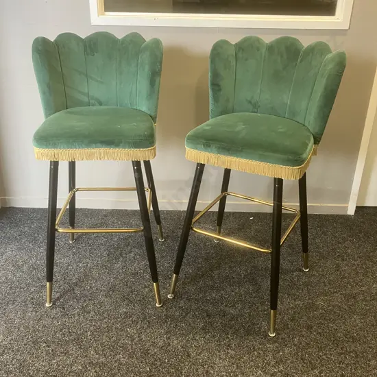 Pair of Green Velvet Swivel Base Bar Stools With Tassells, Crown Shaped Back. H100cm