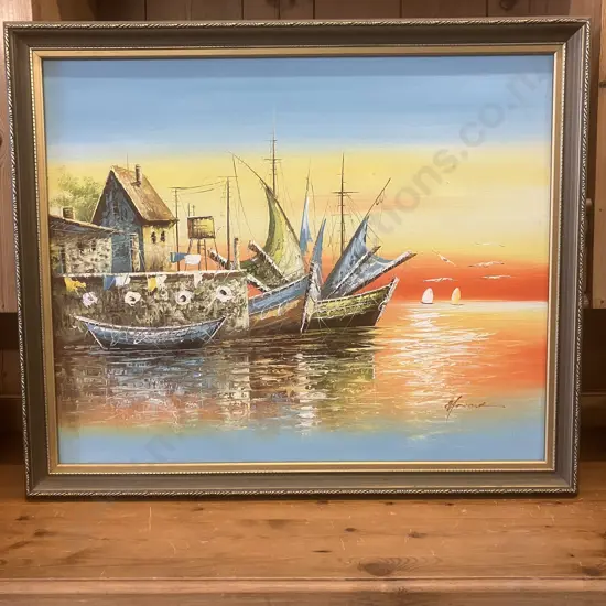 Oil Painting Framed & Signed of Boats & Wharf. 58 x 69cm