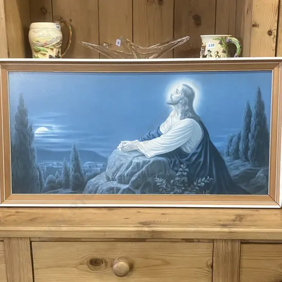 Jesus Christ Prayer On The Mount of Olives Framed Vintage Print. 42 x 81.5cm