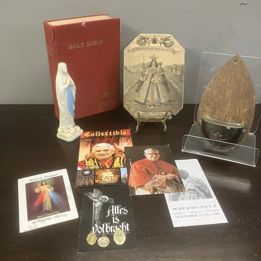 Vintage Our Lady of Lourdes Figurine H15cm, Holy Water Font, A Bible & Assorted Religious Items Image 1++