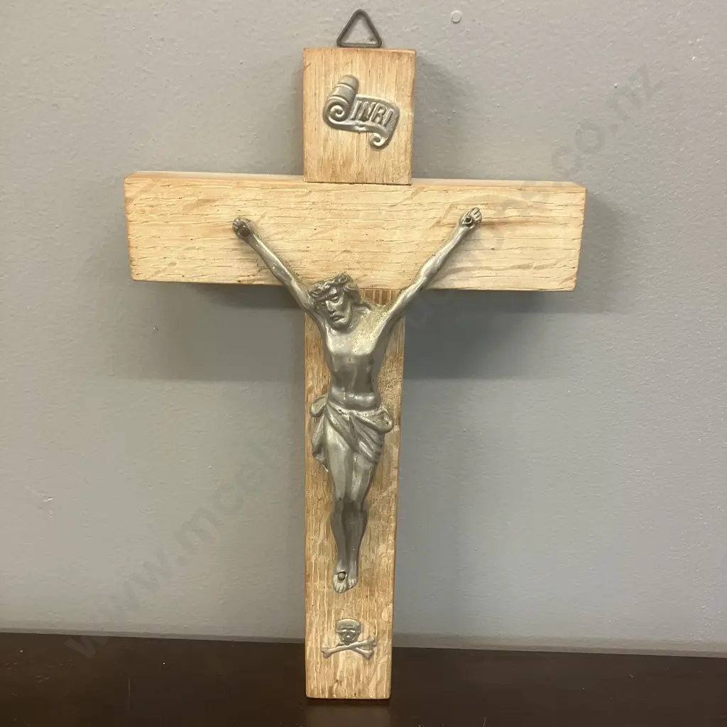 Vintage Wooden Pectoral Crucifix With INRI and Skull & Crossbones. L28cm Image 1++