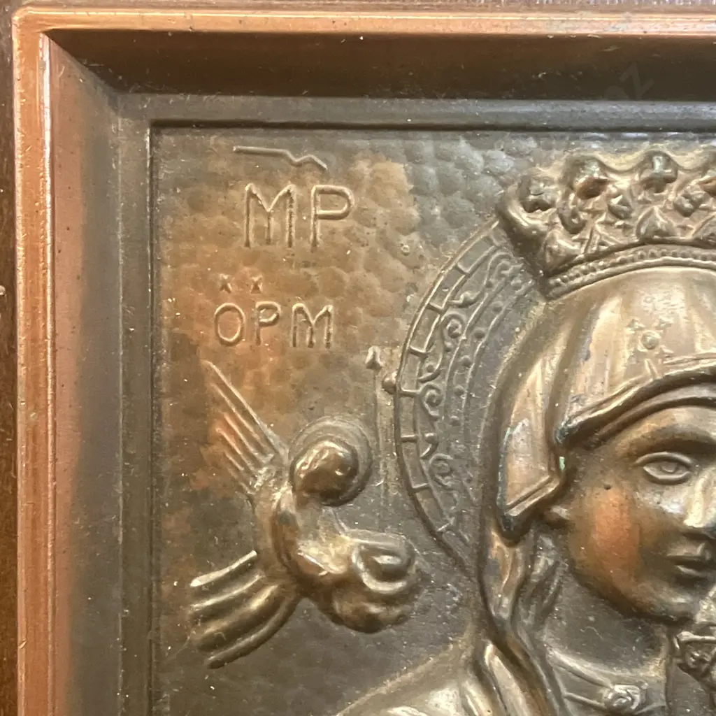 Antique 1920s/30s Bronze Icon - Theotokos (Mary) and Baby Jesus. Greek Orthodox. H14 W11.5 D2.5cm Image 1++