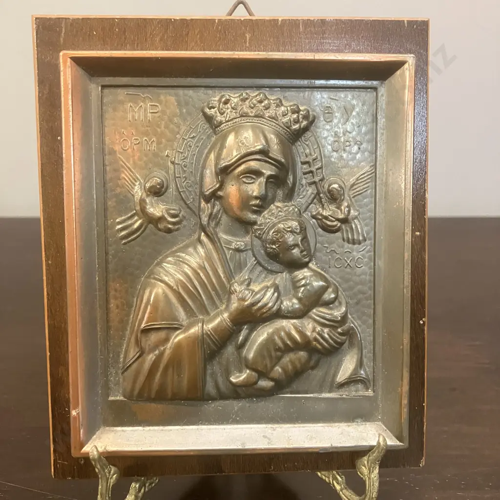 Antique 1920s/30s Bronze Icon - Theotokos (Mary) and Baby Jesus. Greek Orthodox. H14 W11.5 D2.5cm Image 1++