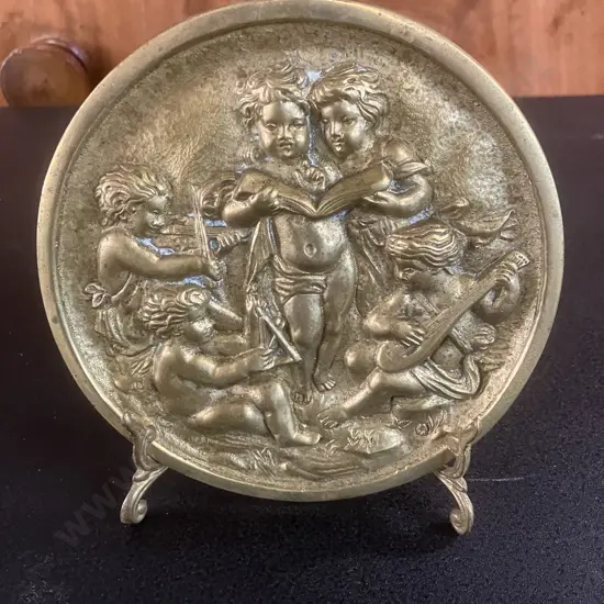 Victorian Style Brass Plaque Depicting Putti Playing Musical Instruments. 14.5cm