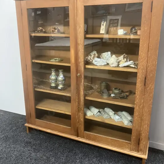 Antique Glazed Double Door Display Cabinet With Key. H141 W129 D32cm