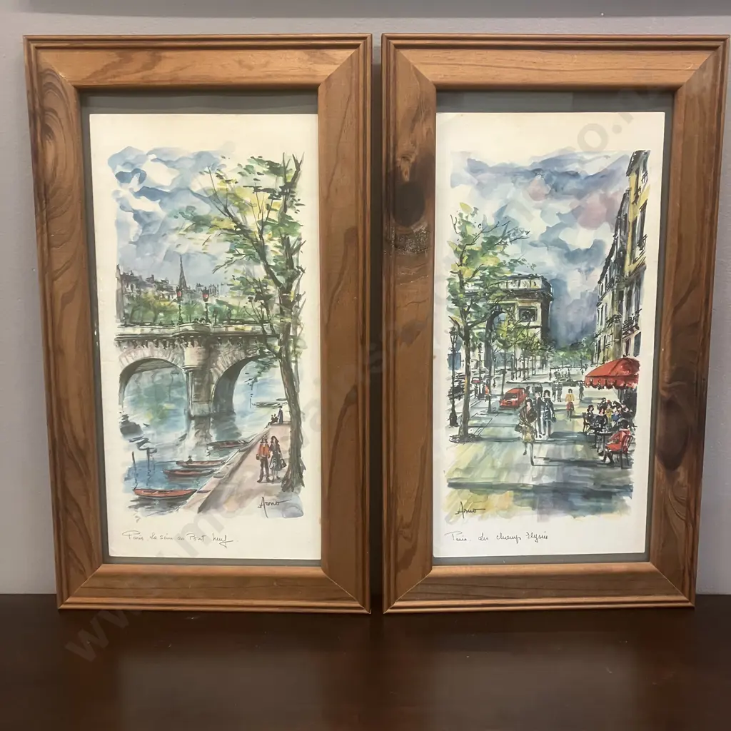 Vintage 1960s' Arno Beijk Watercolor Prints "Paris. Le Seine au Port Neuf" & "Paris. Les Champs Elysees". 48 x 27cm Image 1++