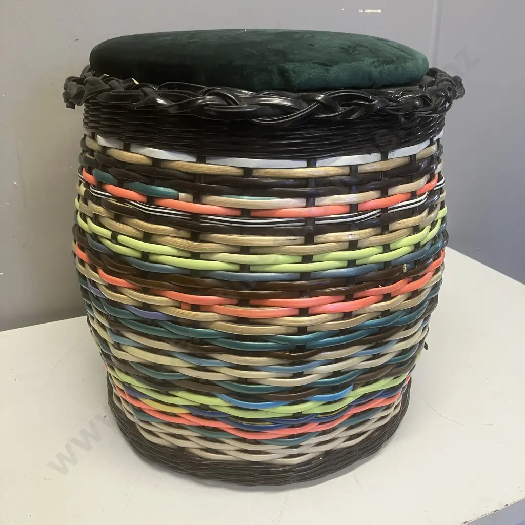 Multi Colour Woven Wicker Storage Basket With Padded Upholstered Top. 37 x 35cm Image 1++