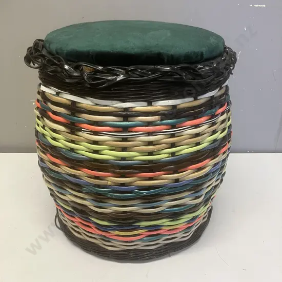 Multi Colour Woven Wicker Storage Basket With Padded Upholstered Top. 37 x 35cm