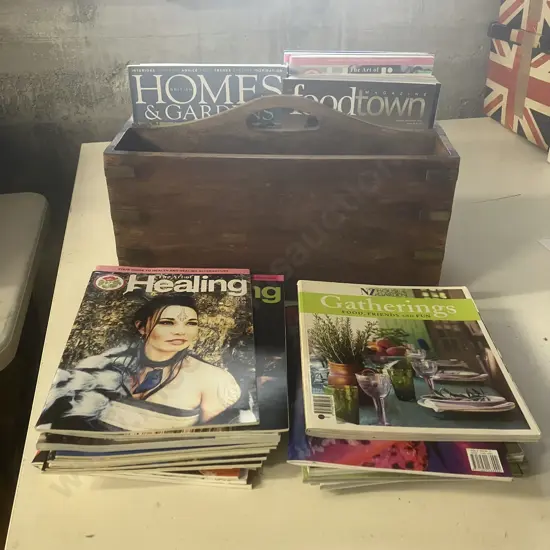 Wooden Box With Centre Carry Handle & Brass Corner Straps. H22 W45.5 D22cm Asstd Magazines - Home & Garden, FoodTown Et