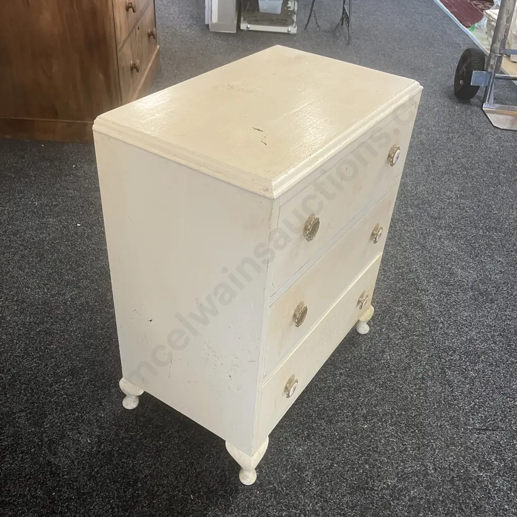 Vintage 3 Drawer Bedside Cabinet Painted Cream, Cabriole Legs (Handles As Found). H75 W61 D37.5cm Image 1++
