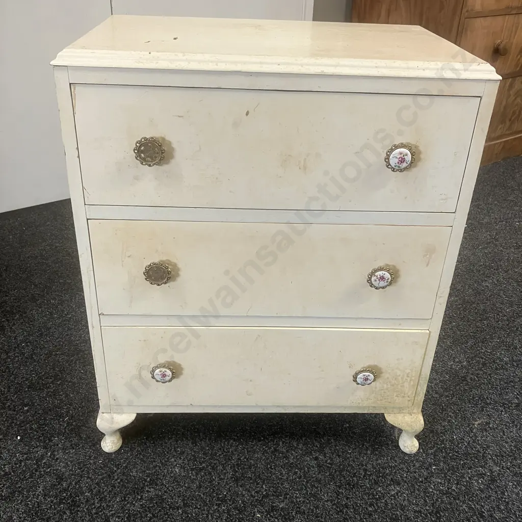 Vintage 3 Drawer Bedside Cabinet Painted Cream, Cabriole Legs (Handles As Found). H75 W61 D37.5cm Image 1++